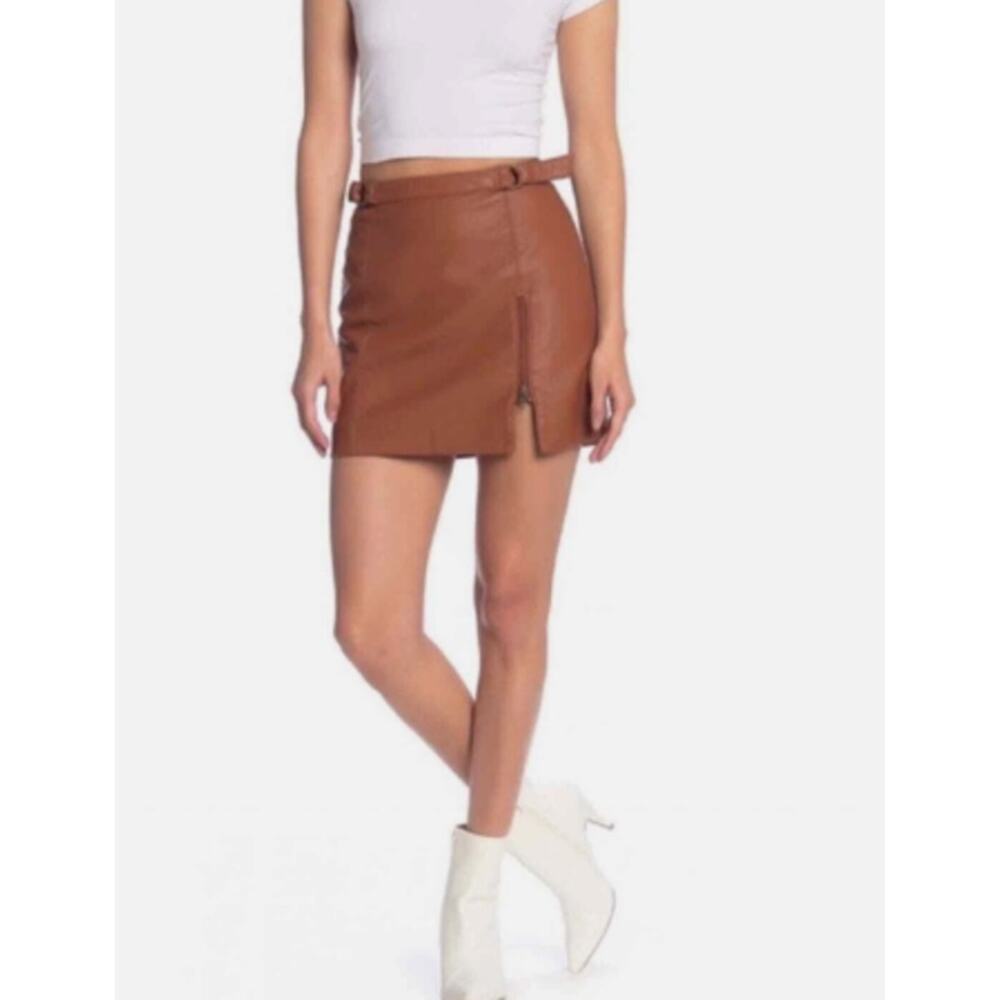 Free People Midnight Magic Vegan Leather Mini Skirt Cognac Brown Size 2 Moto - Picture 2 of 8